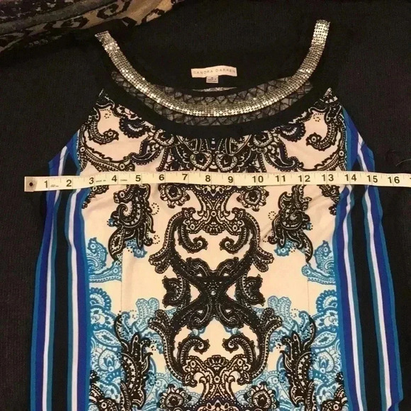 NWT Sandra Darren Abstract Dress w/Sheer & Silver Metallic Neckline-Size 6 - Picture 8 of 10